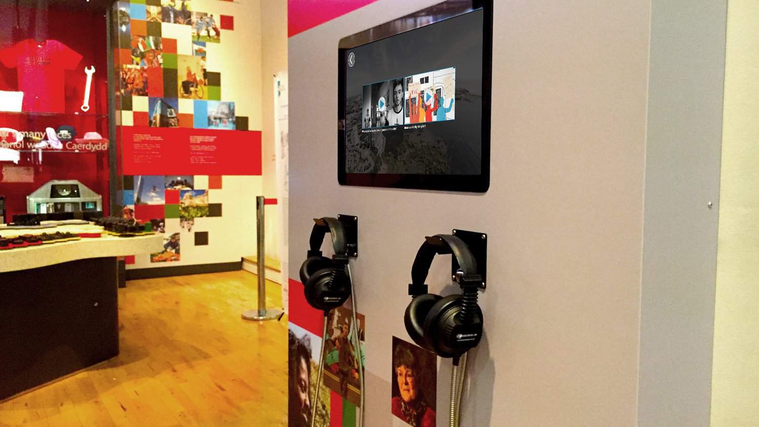 MKII Armour Cable Headphones with hangers at the Cardiff Story Museum