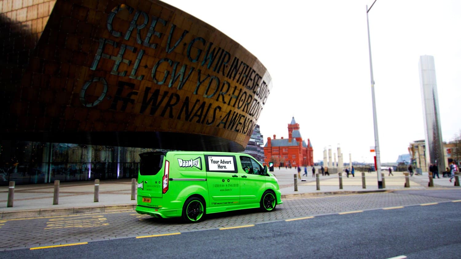 Daam TV Mobile Advertising Van Outside Wales Millenium Centre in Cardiff Bay