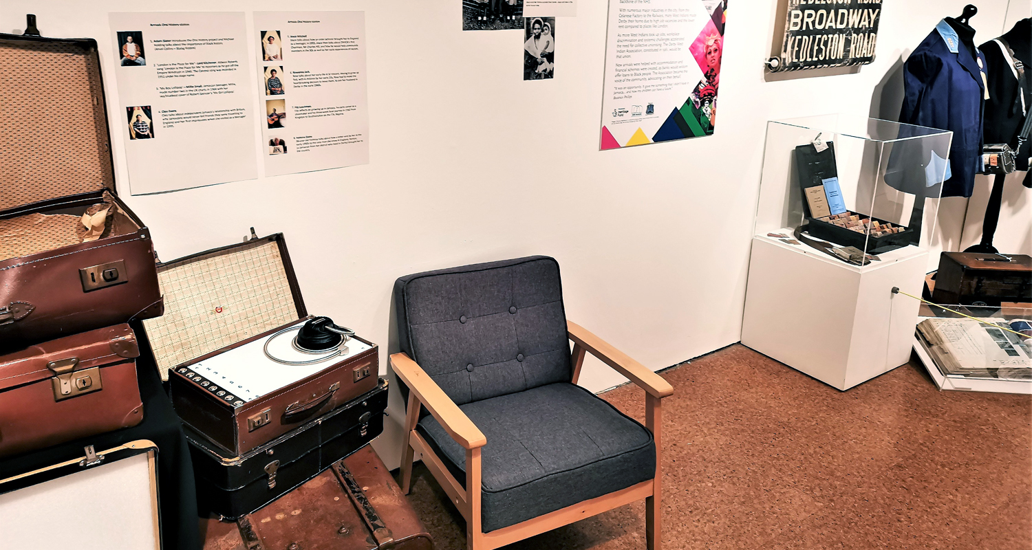 Single Cup Headphones, buttons and SoundClip setup in bespoke case at Derby Museum & Art Gallery (wide shot)