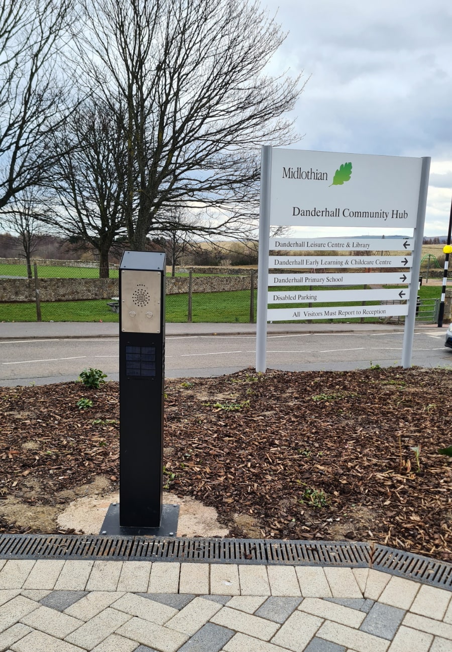 Solar Audio Post at Danderhall Community Hub Sign (Portrait)-min