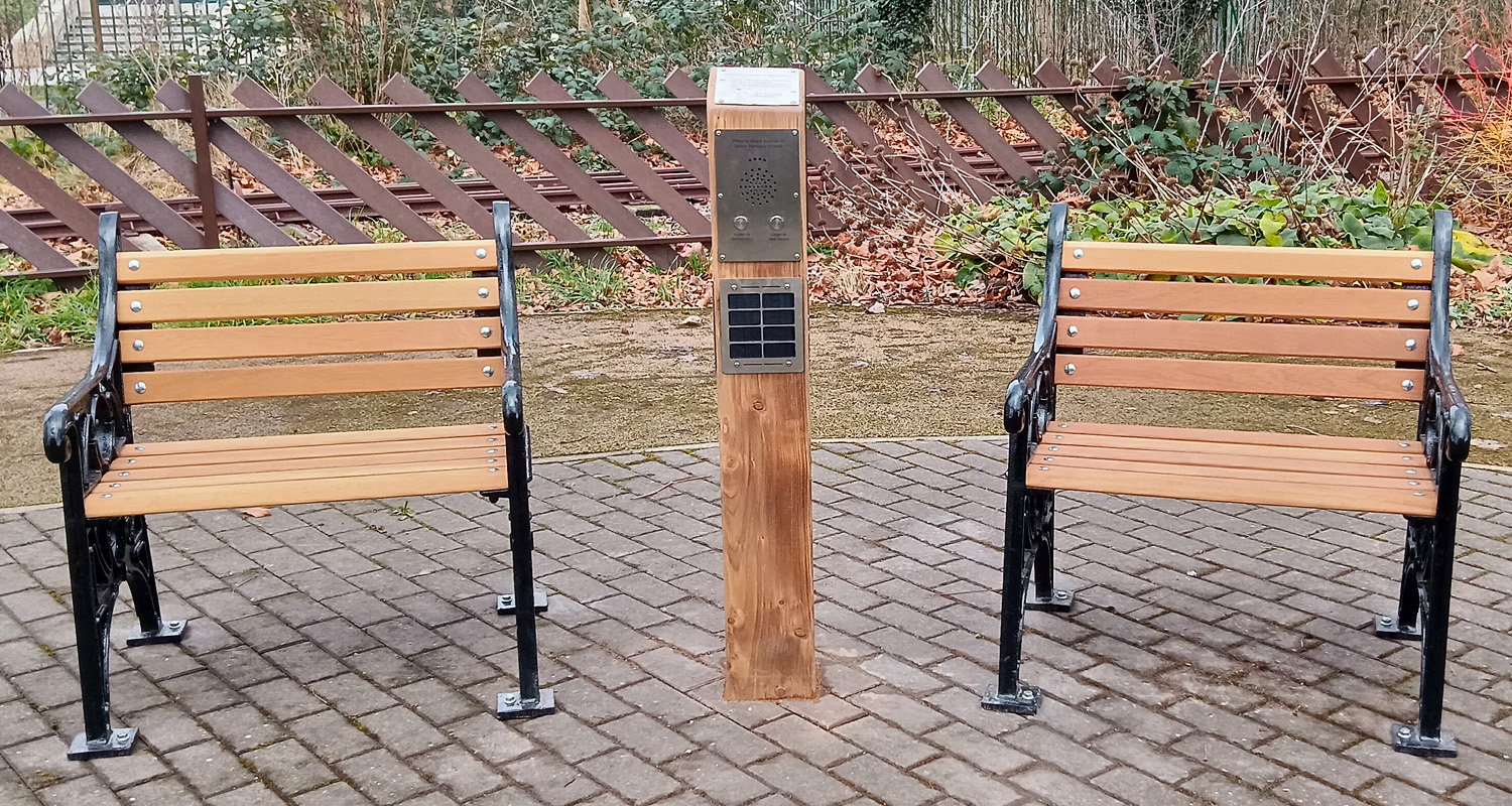 Solar Audio Post inbetween two benches at Leicester Museums & Galleries