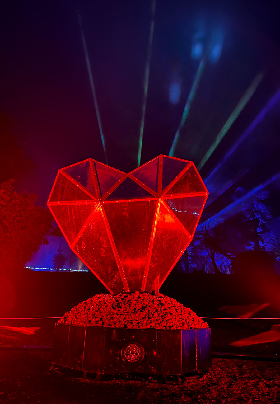 Heart with Bespoke Subwoofer base at night in Margam Park