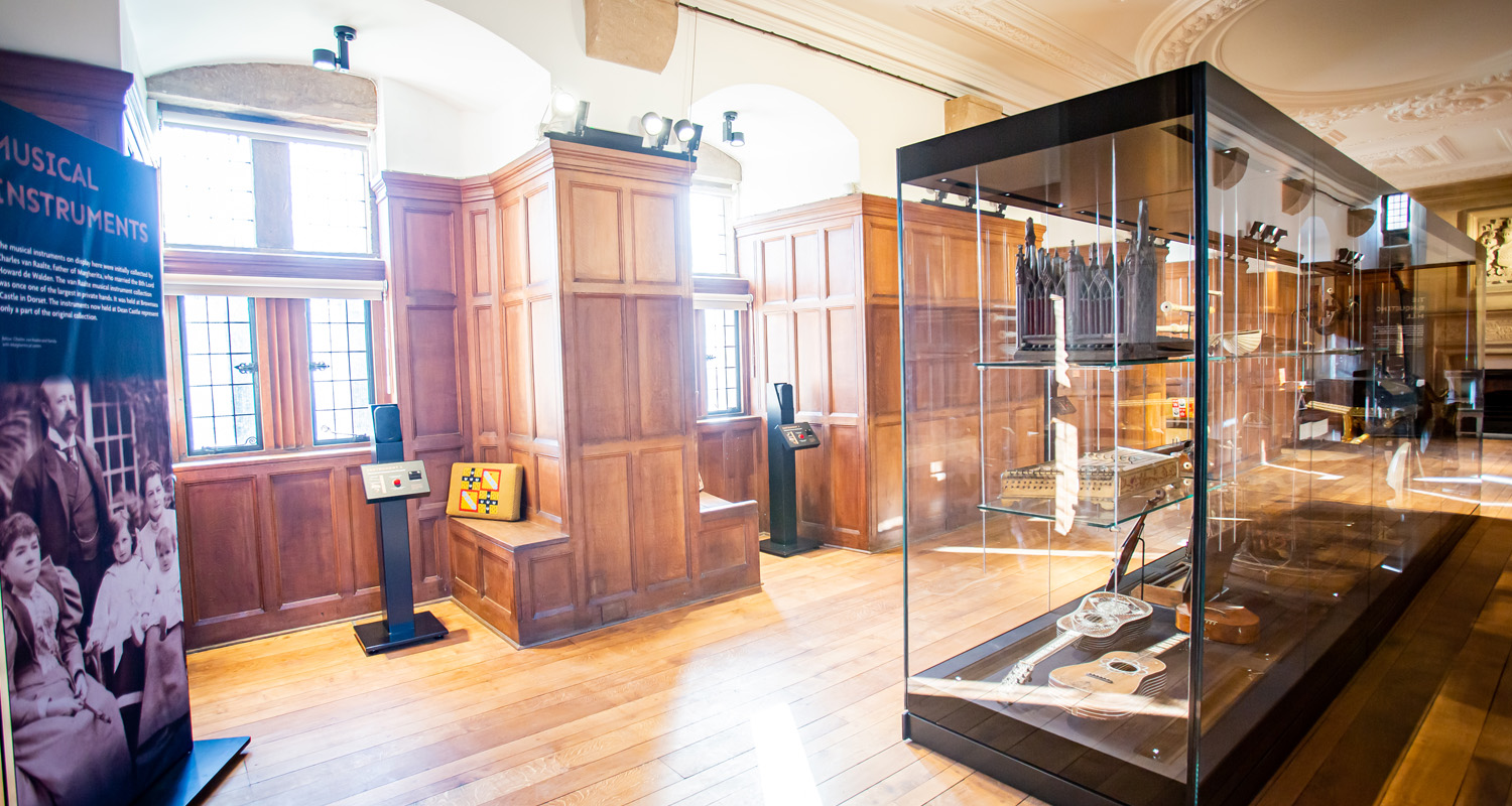 Atmospheric Loudspeakers on plinths installed in Minstrels Gallery at Dean Castle