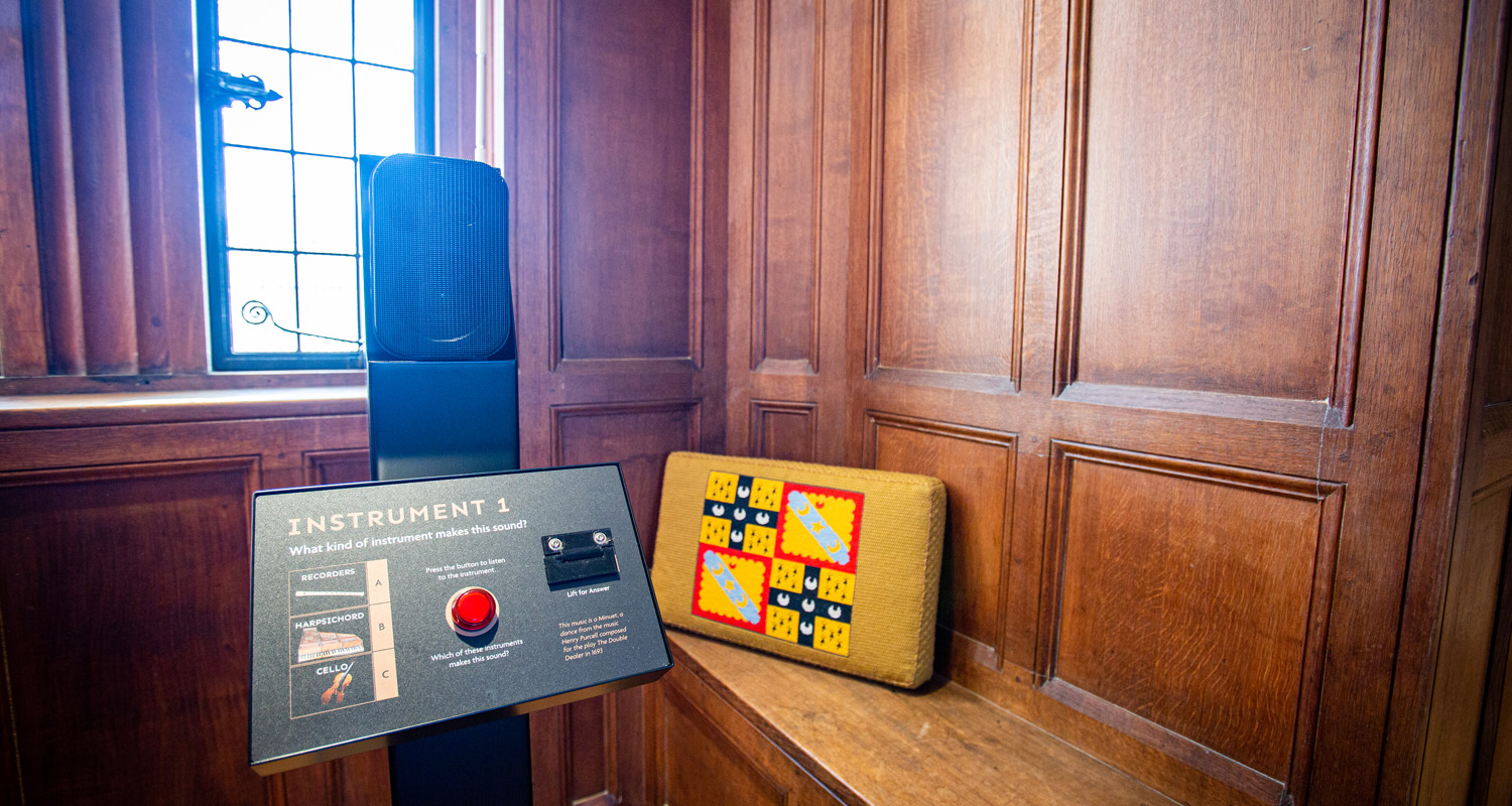 Closeup of Atmospheric Loudspeaker on plinth in Minstrels Gallery at Dean Castle