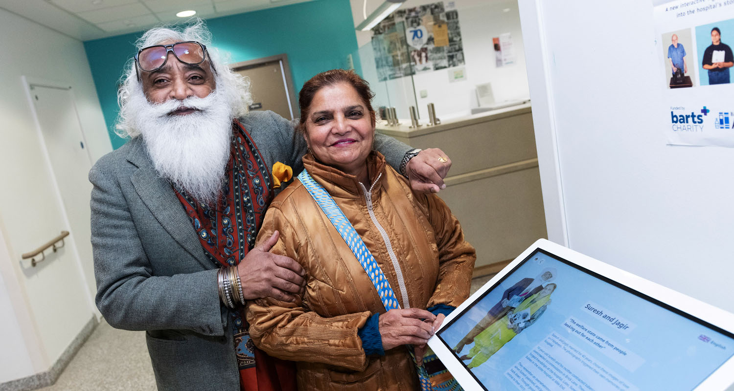 Community Curators Suresh and Jagir pictured alongside the Freestanding Kiosk and their Lightbox 3 project at Royal London Hospital