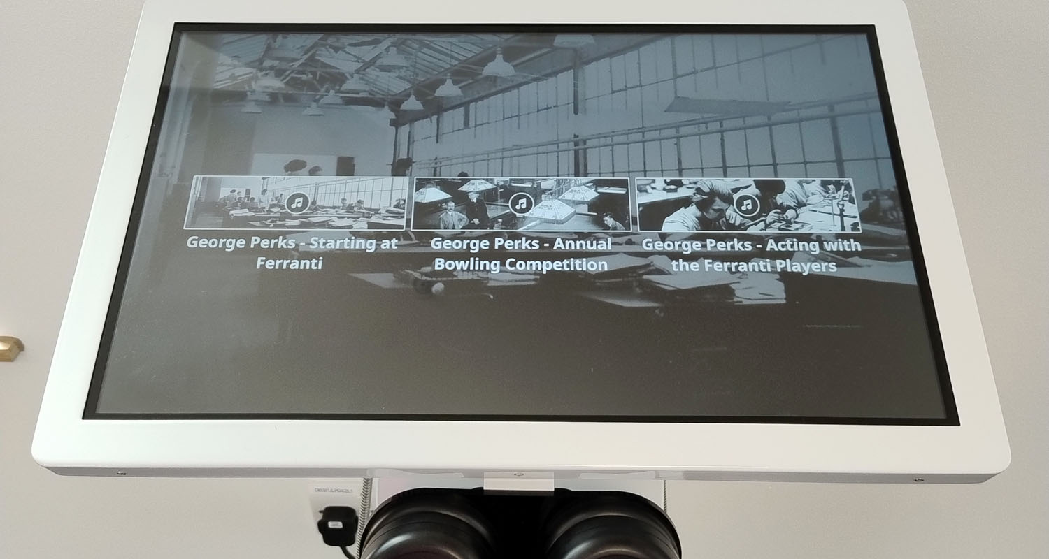 Closeup of 22 Inch Freestanding Kiosk at Oldham Archives