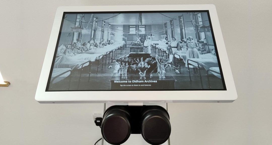 22″ Freestanding Kiosk with Lightbox 3 – Oldham Archives