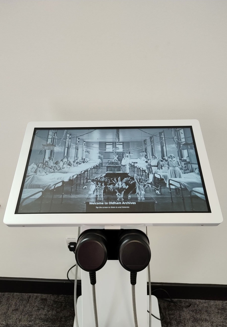 Freestanding Kiosk with Heavy Duty Handsets and Lightbox 3 Collections at Oldham Archives (portrait)